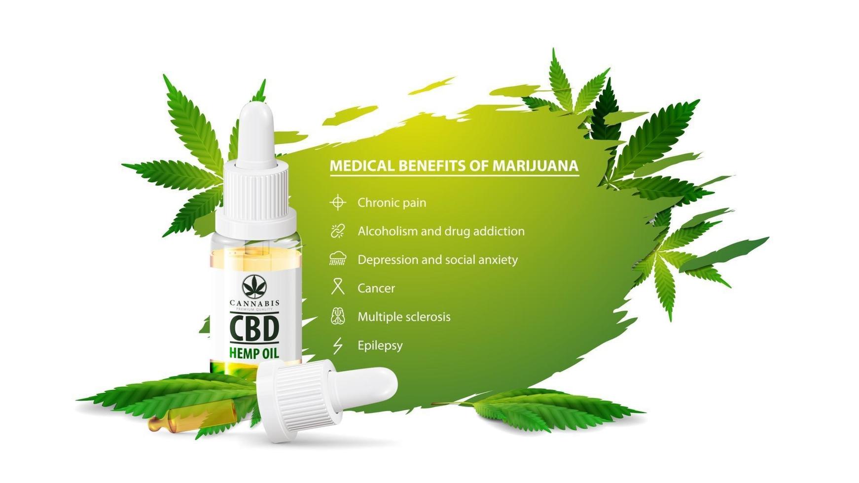 White poster with medical benefits of marijuana, white banner for website with CBD oil bottle with pipette and marijuana leafs. Benefits uses of medical marijuana vector