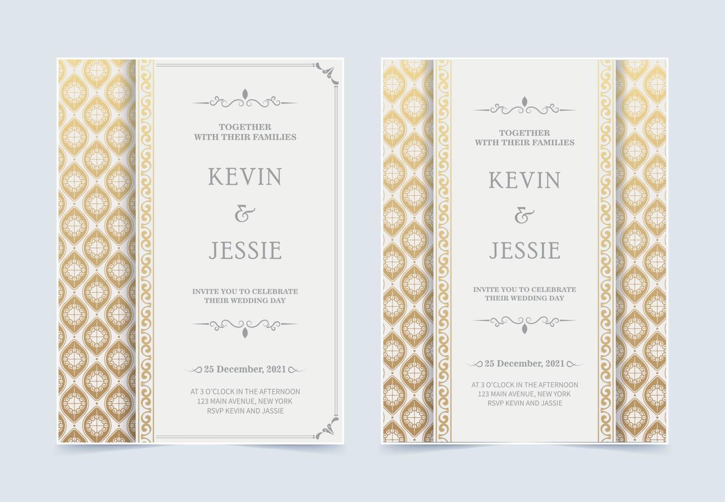 Luxury white wedding invitation with golden pattern vector