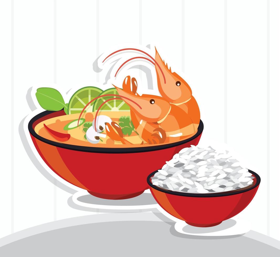 tom yum kung sopa picante tailandesa y arroz vector