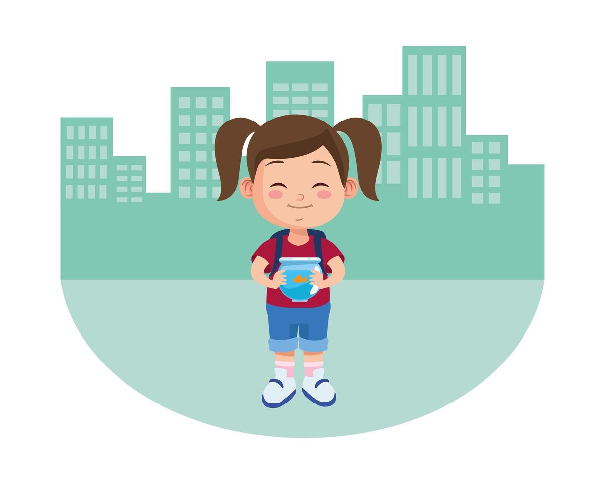 cute little girl student with aquarium character vector