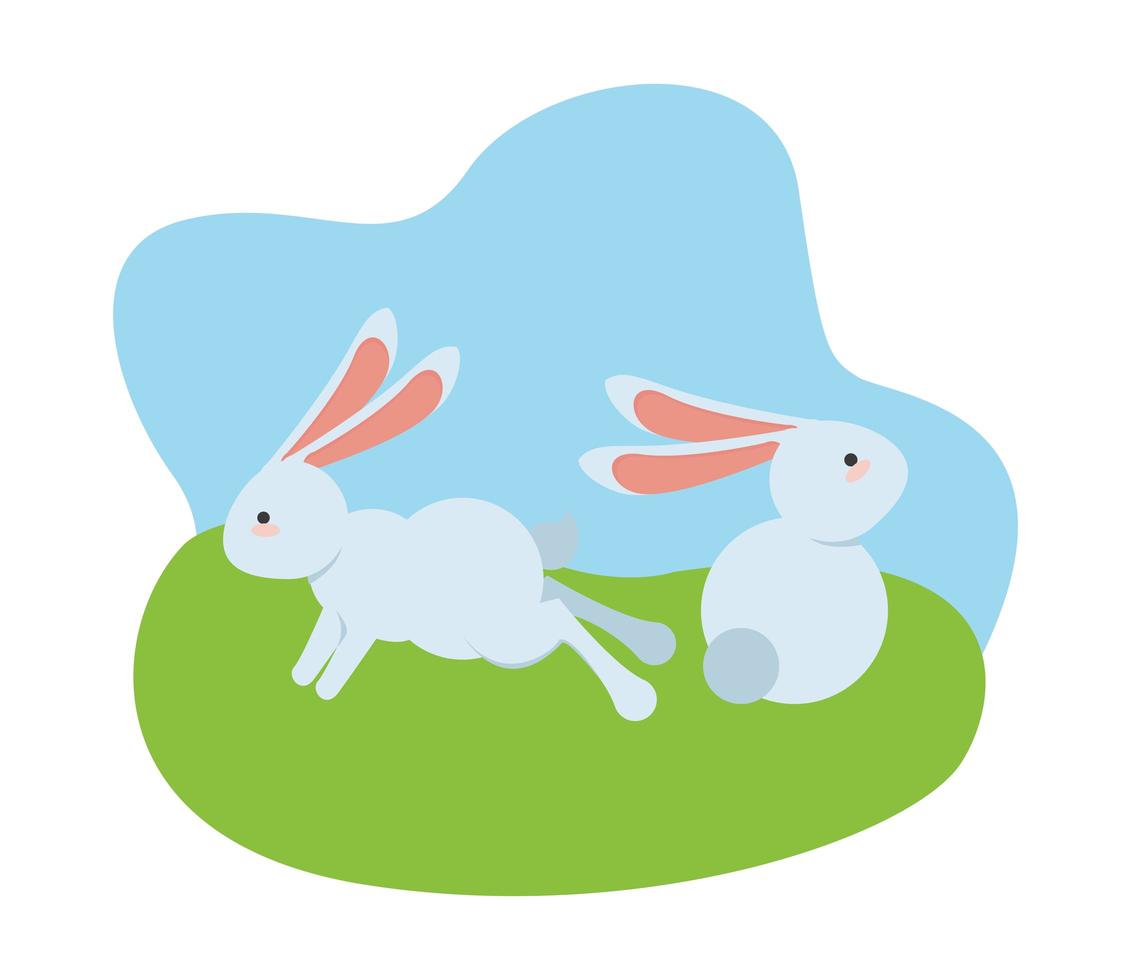 cute little easter rabbits seated and jumping in the field vector