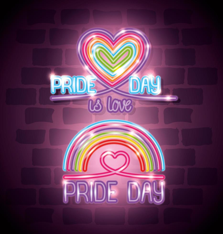 pride day neon light with hearts and rainbow vector