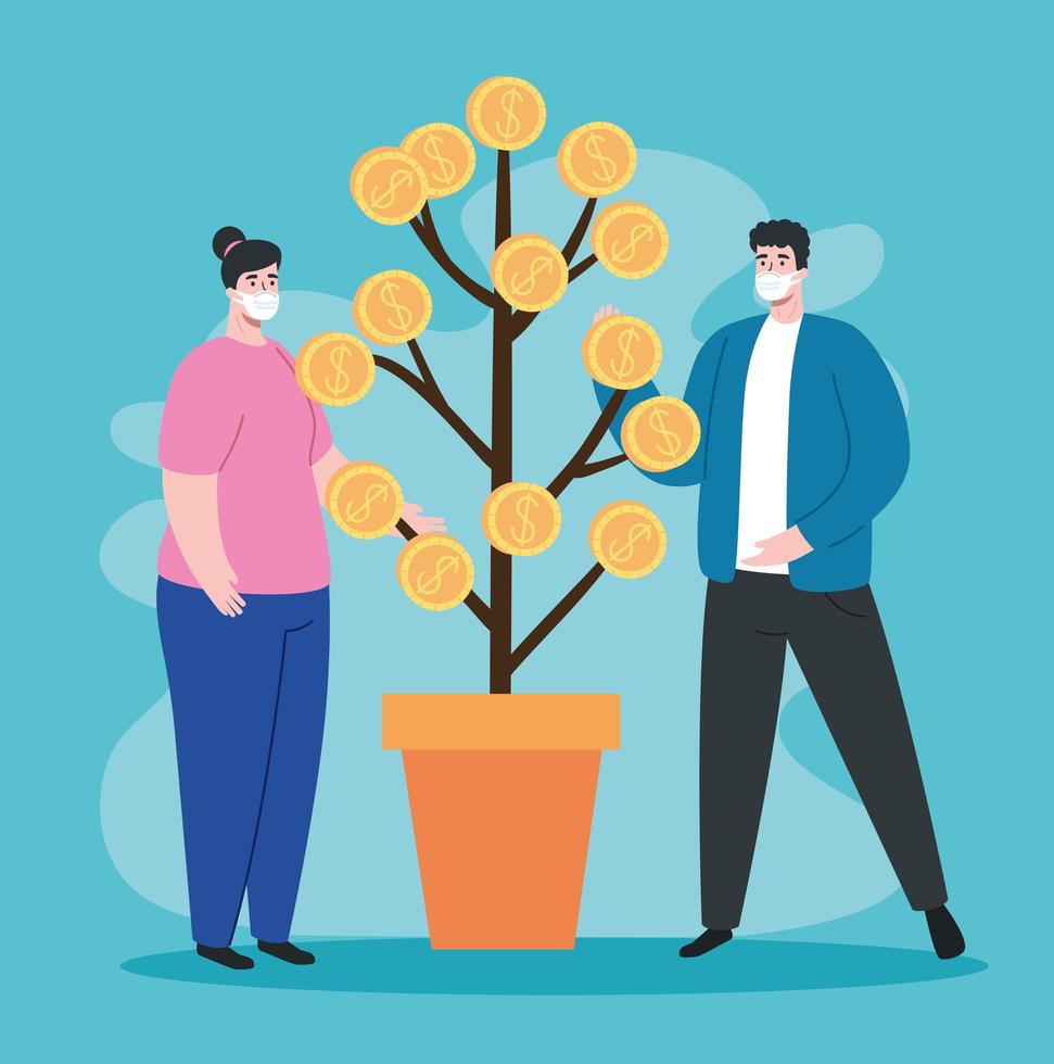 couple using face mask with money tree vector