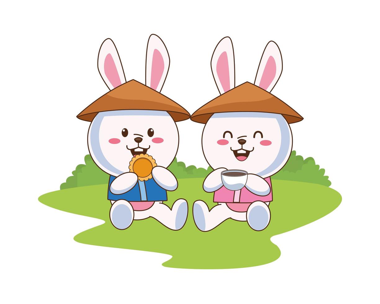 cute mid autumn rabbits with chinese hats eating cookie and drinking tea vector