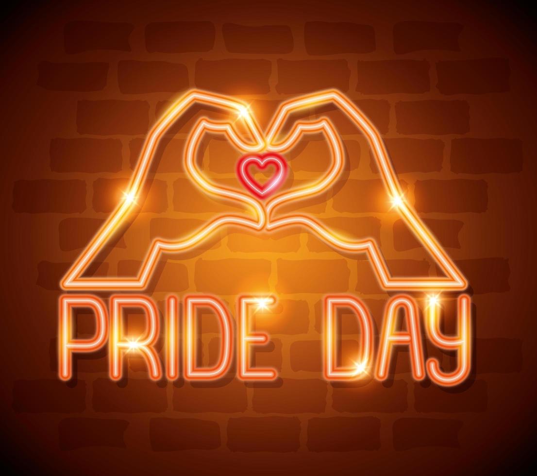 pride day neon light with heart hands shape vector