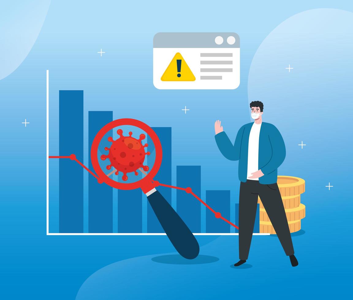 man with infographic of coronavirus economic impact icons vector