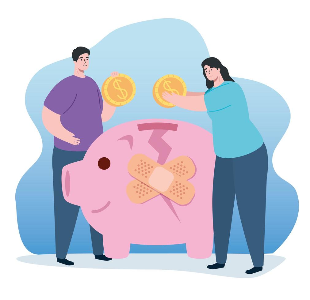 couple and broken piggy bank vector