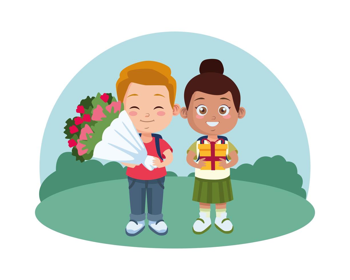 cute black little girl with gift and boy with roses bouquet vector