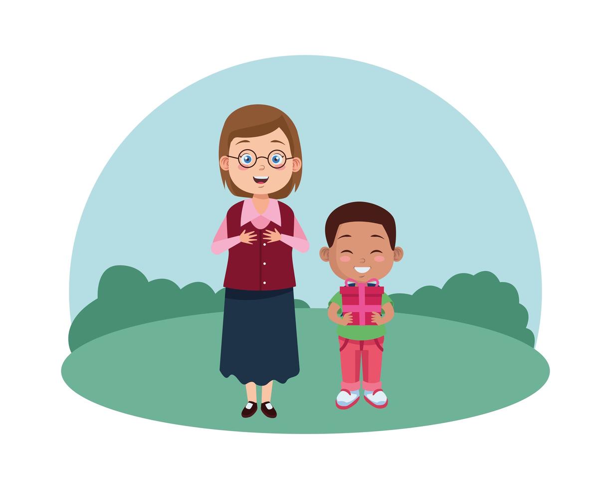 cute young female teacher with eyeglasses and black schoolboy holding gift vector