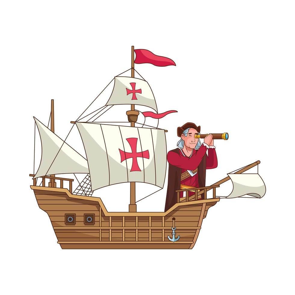 Christopher Columbus with telescope in caravela vector