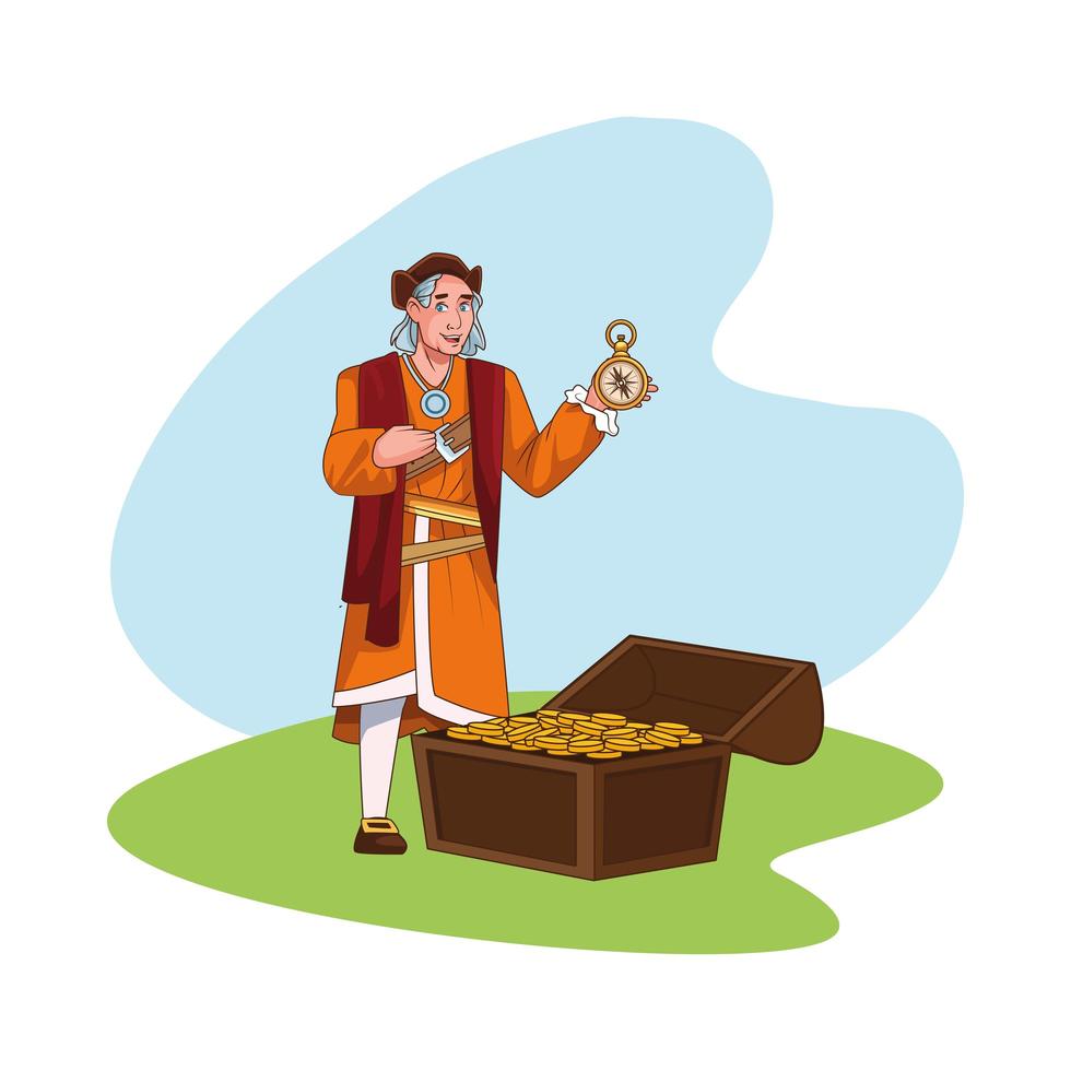 Christopher Columbus with compass and treasure vector