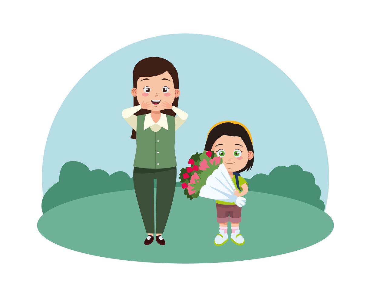 cute young female teacher and schoolgirl with roses bouquet vector