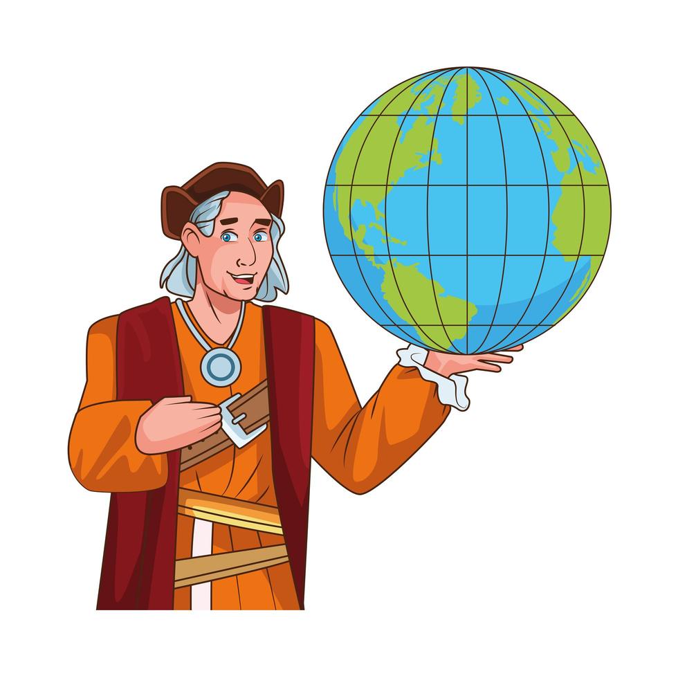 cristóbal colón con carácter de mapas del mundo vector