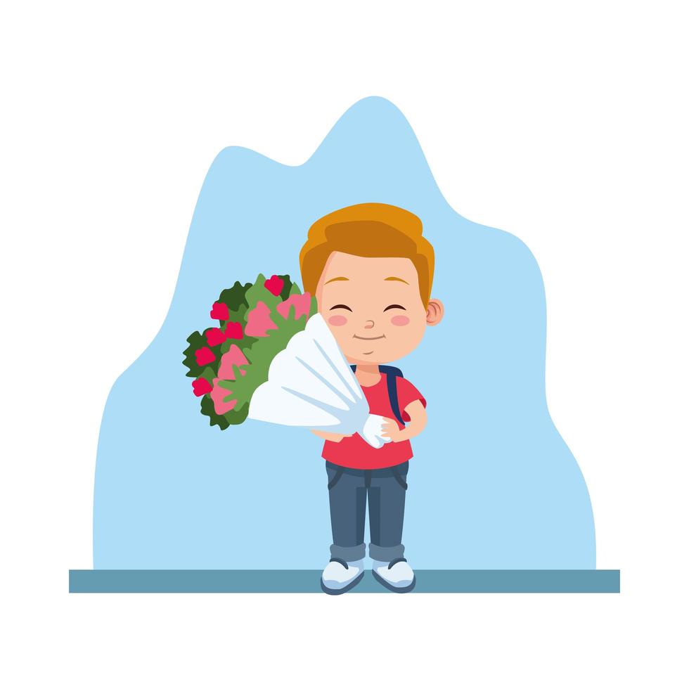 cute little boy student with flowers bouquet character vector