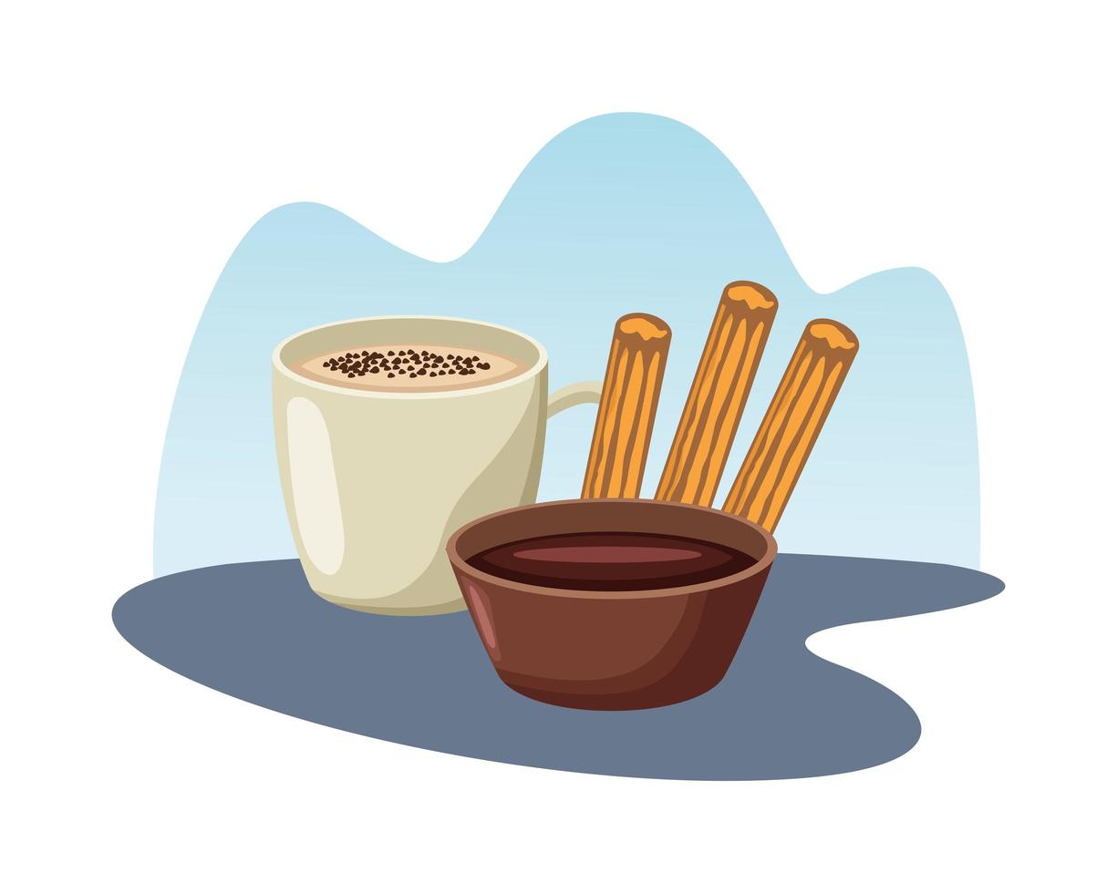 churros with chocolate drink and sauce mexican food vector