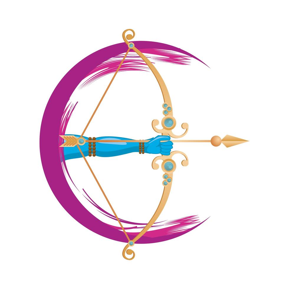 Arco de tiro con arco de mano azul y dorado, icono hindú rama vector