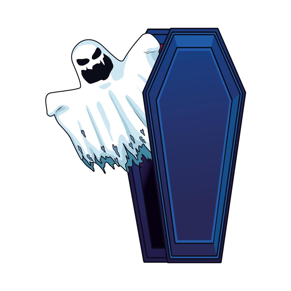 fantasma de halloween flotando en el icono de personaje de ataúd vector
