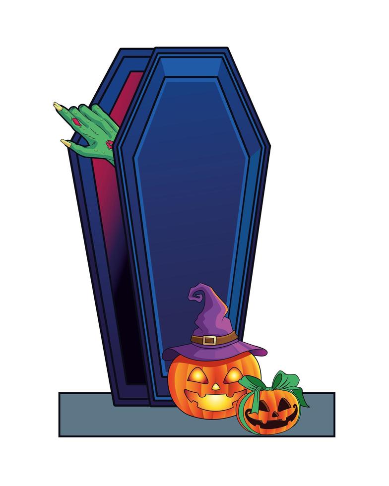 mano de zombie en ataúd con calabazas icono de halloween vector