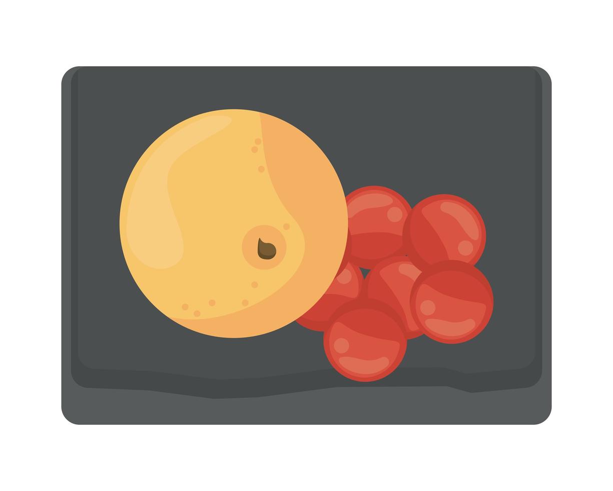 naranja y cerezas en tablero de cocina vector