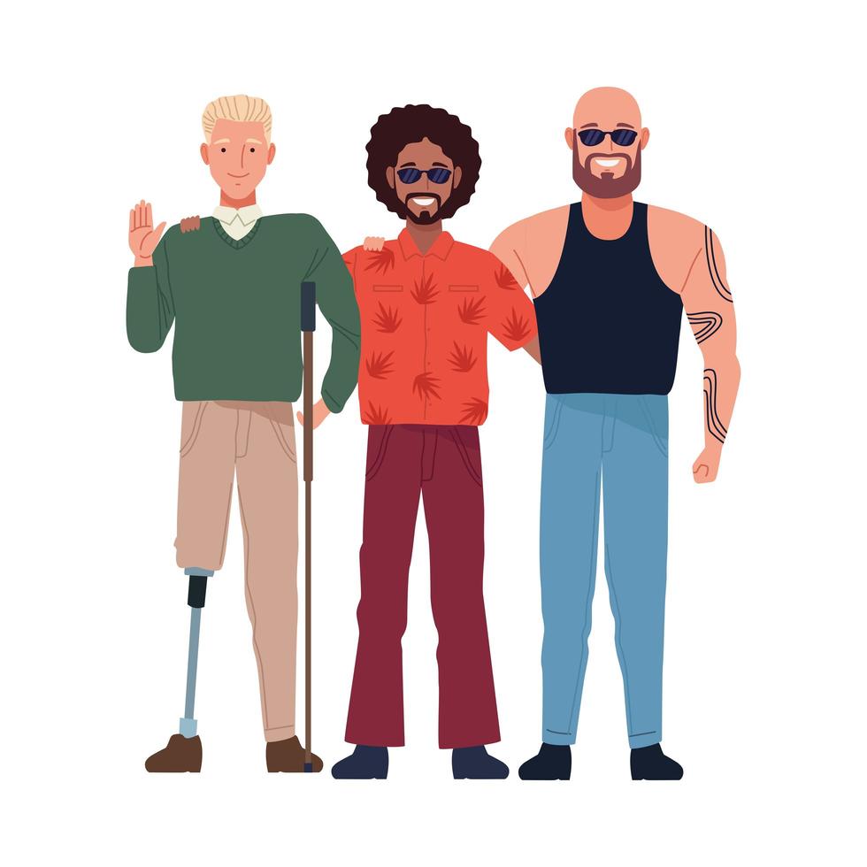 cool man, bald man, and man with prosthetic leg vector