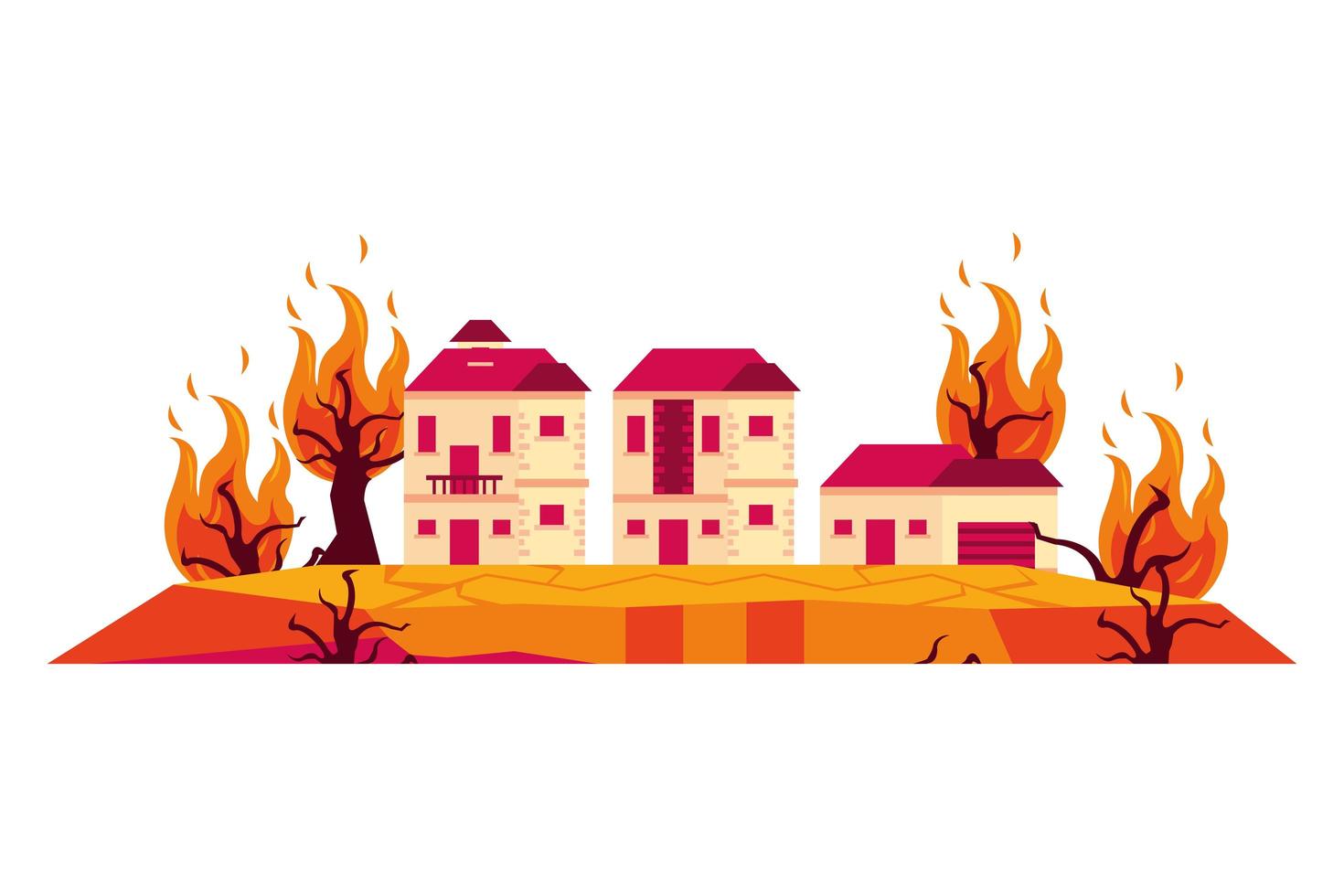 Casas en incendios forestales, escena de calentamiento global. vector