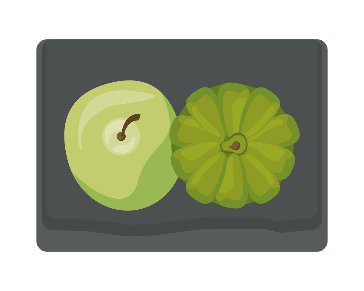 apple and artichoke on kitchen wooden board vector