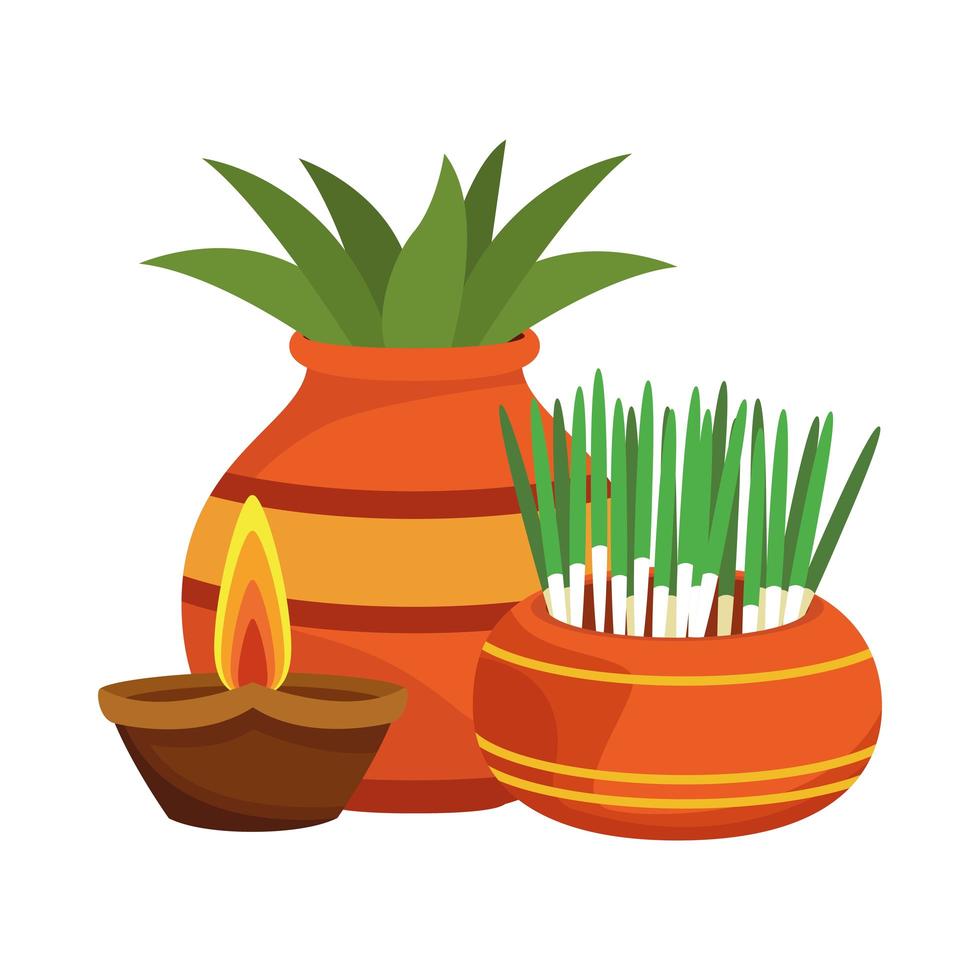 houseplants in ceramic pots and hindu candle decoration vector