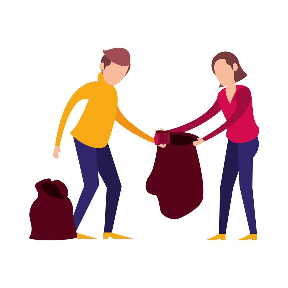 couple with plastic garbage bag vector