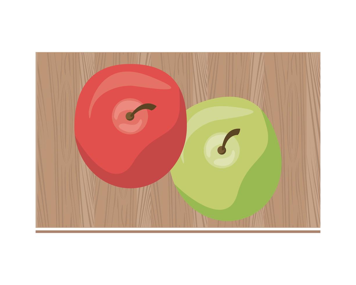 Tomate y manzana sobre placa de madera de cocina vector