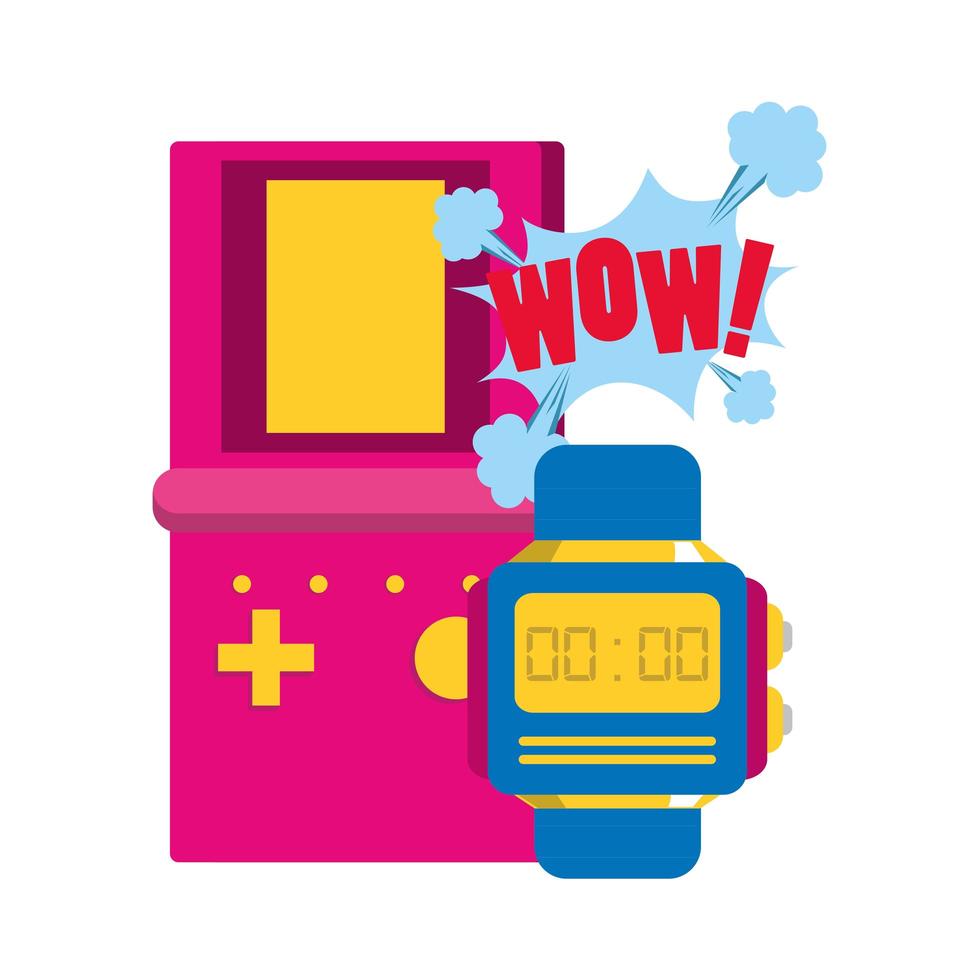 diseño de arte pop de videojuego retro portátil y reloj vector