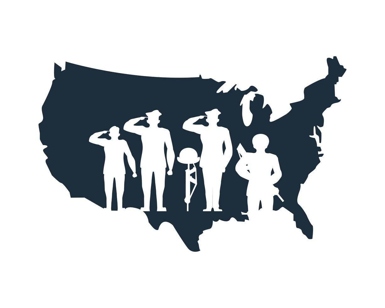 group of saluting soldier silhouettes in usa map vector