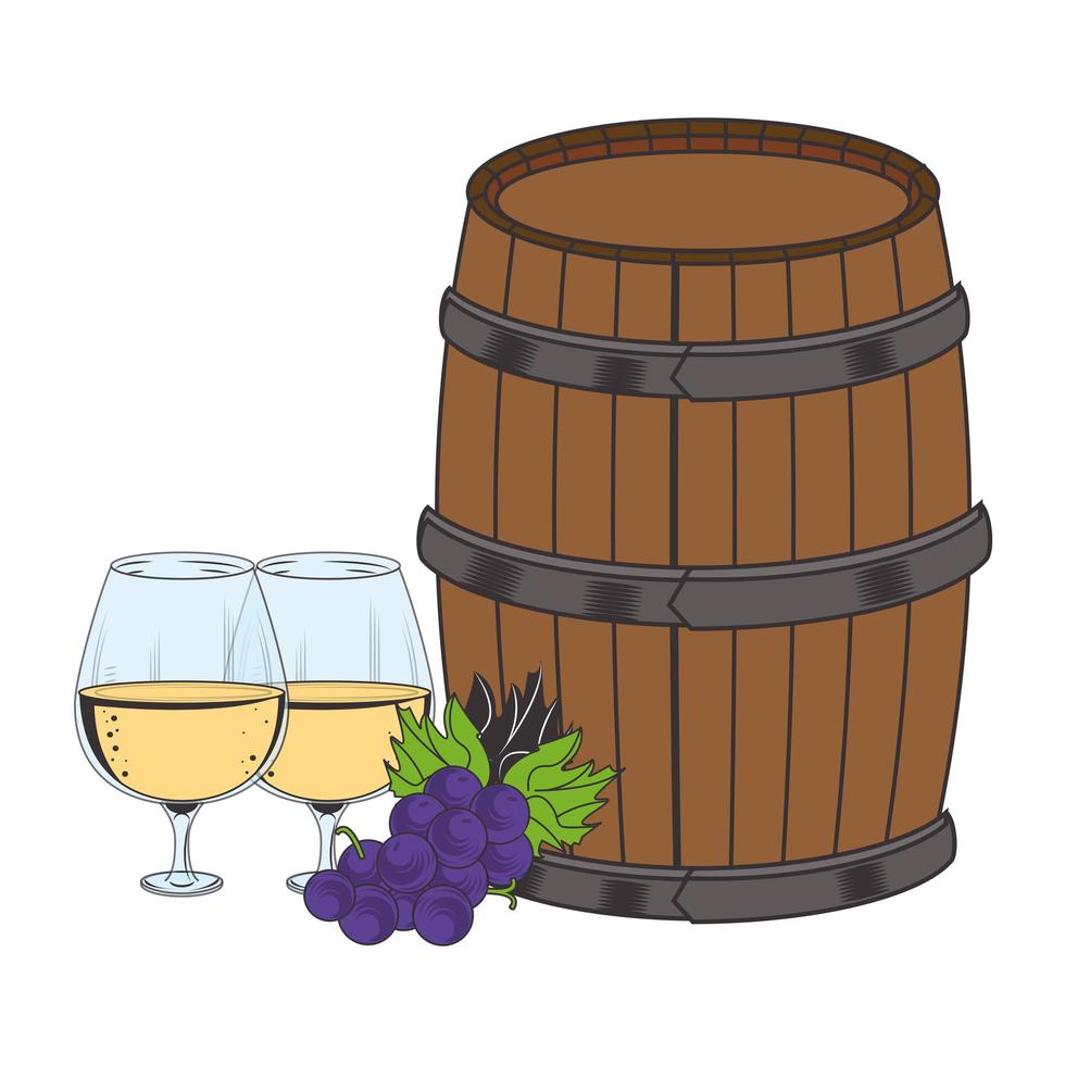 Barril de madera de vino y racimo de uvas diseño plano. vector