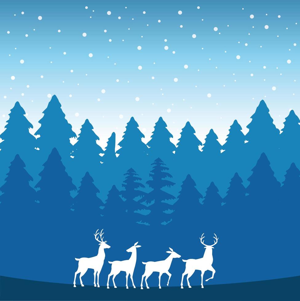 forest snowscape scene with reindeer silhouettes vector