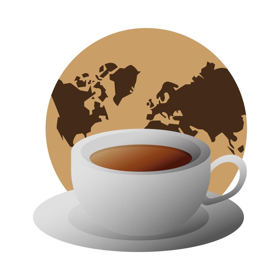 delicious coffee in ceramic cup with earth map vector