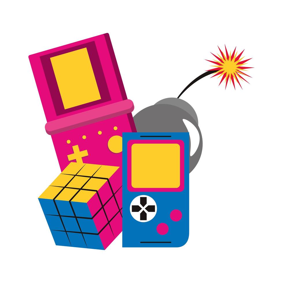 retro videogames portable and scramble cube toy and bomb vector