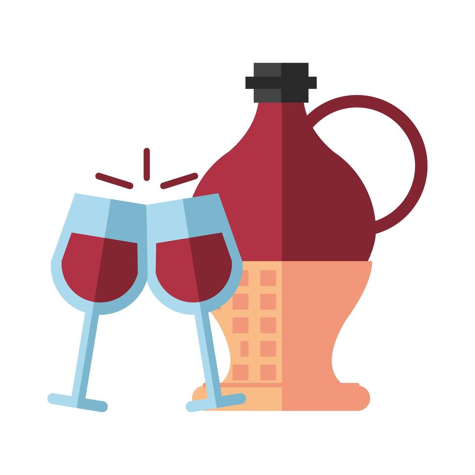 wine bottle in straw basket and cups vector
