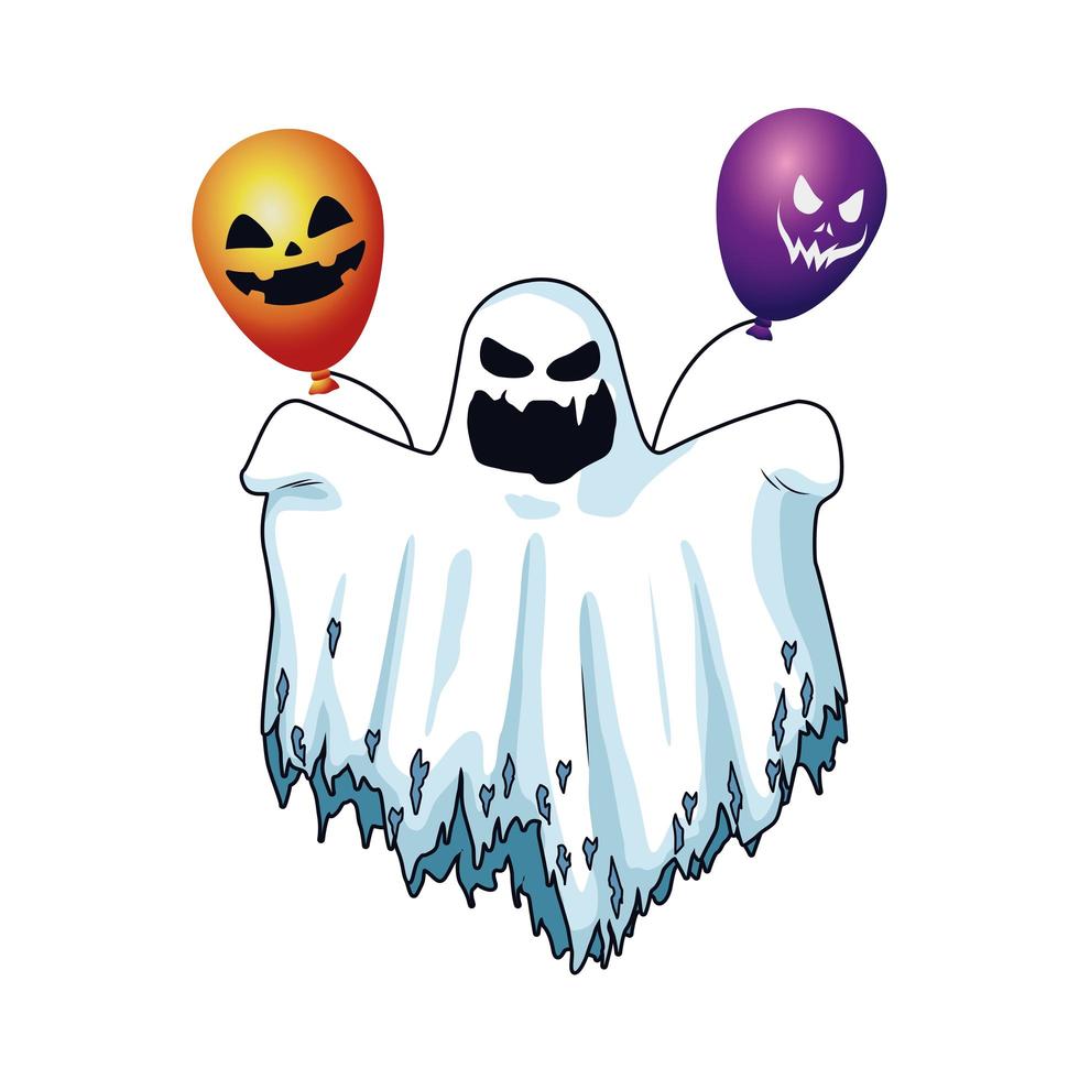 halloween ghost floating and helium balloons character icon vector