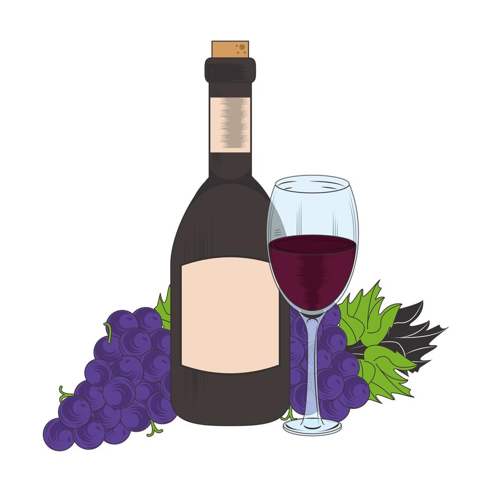 racimo de uvas con botella de vino y vidrio vector