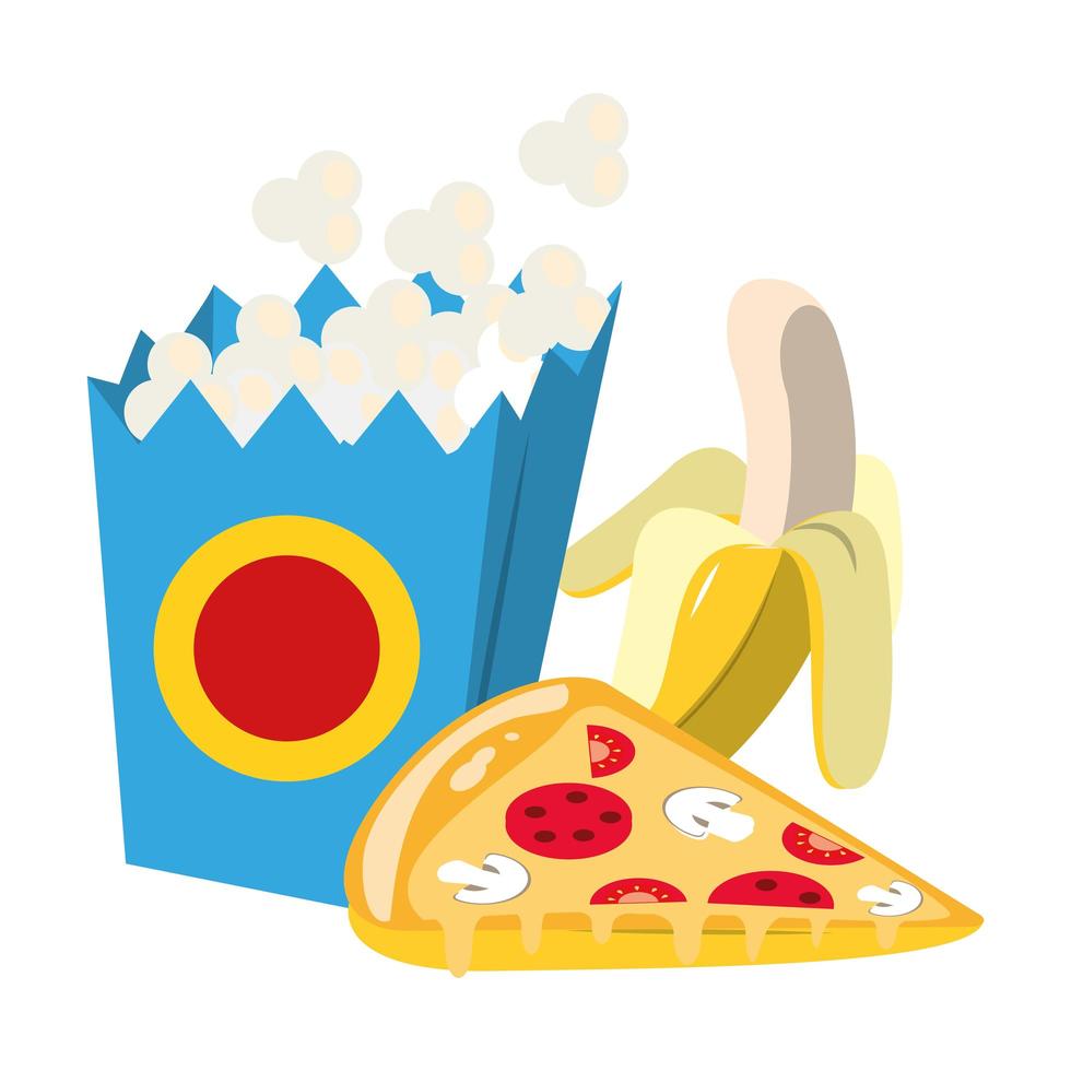 popcorn box with pizza slice and banana vector