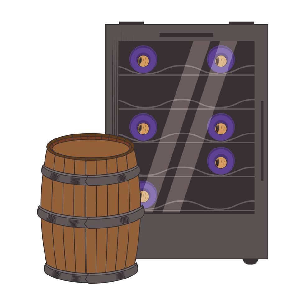 wine cooler fridge and wooden barrel vector