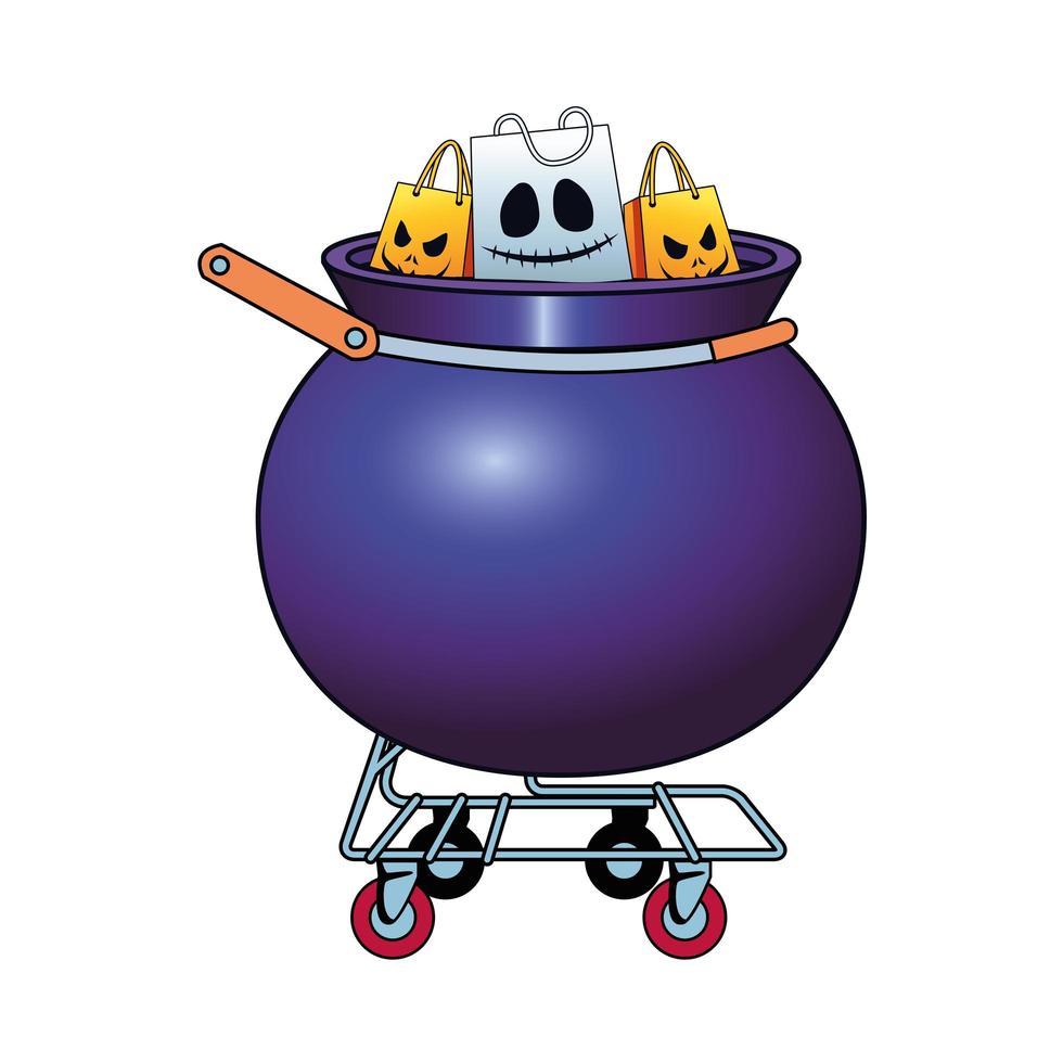 halloween cauldron shopping cart with bags vector