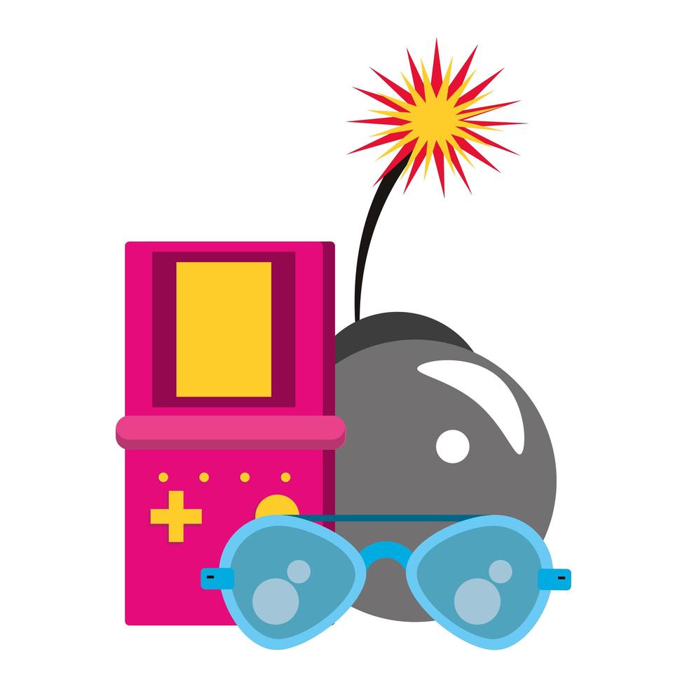 retro glasses and videogame bomb with burning fuse vector