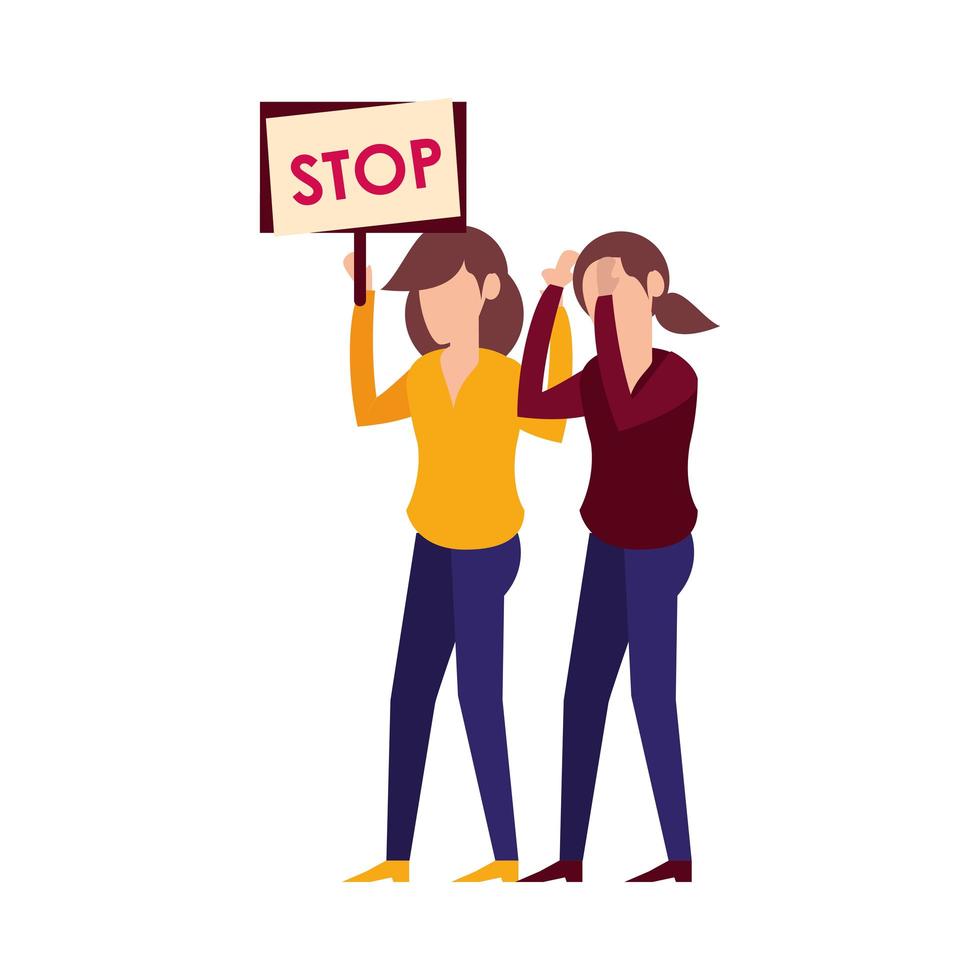 young women protesting with stop banner vector