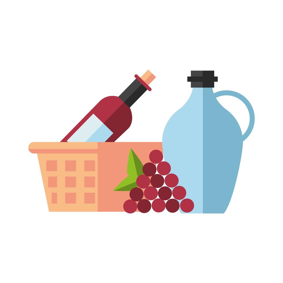 tarro de vino con uvas y canasta vector