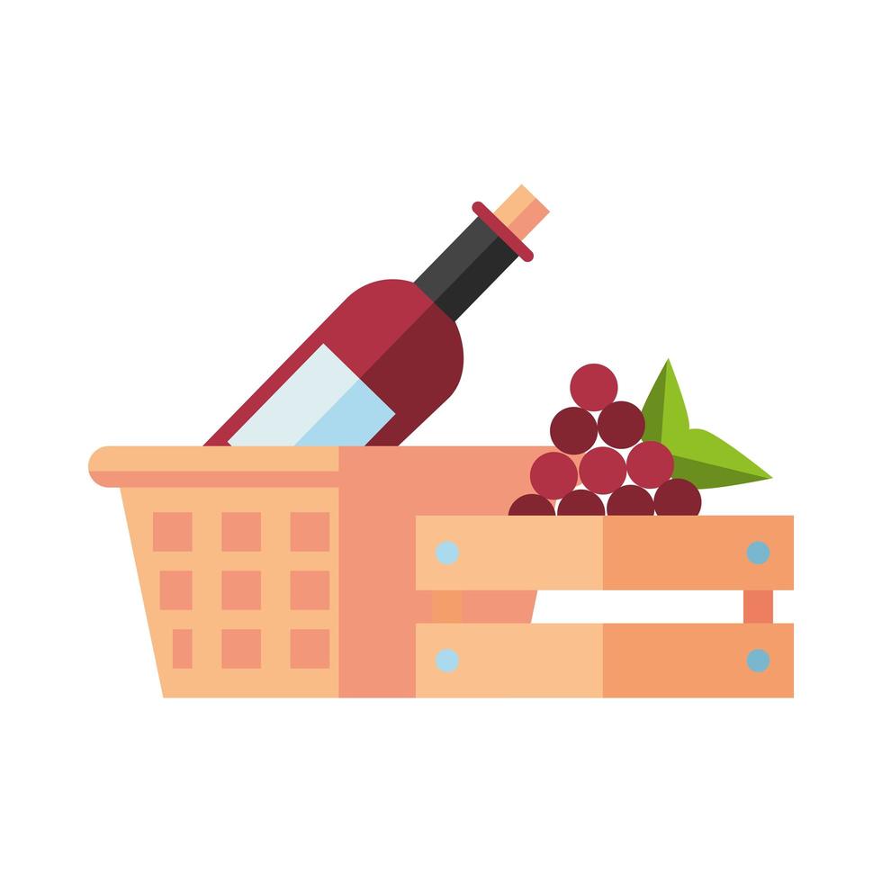 fresh grapes in wooden basket and wine bottle vector