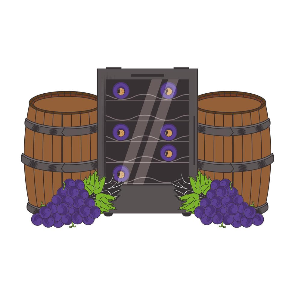 wine wooden barrel and bunch of grapes design vector