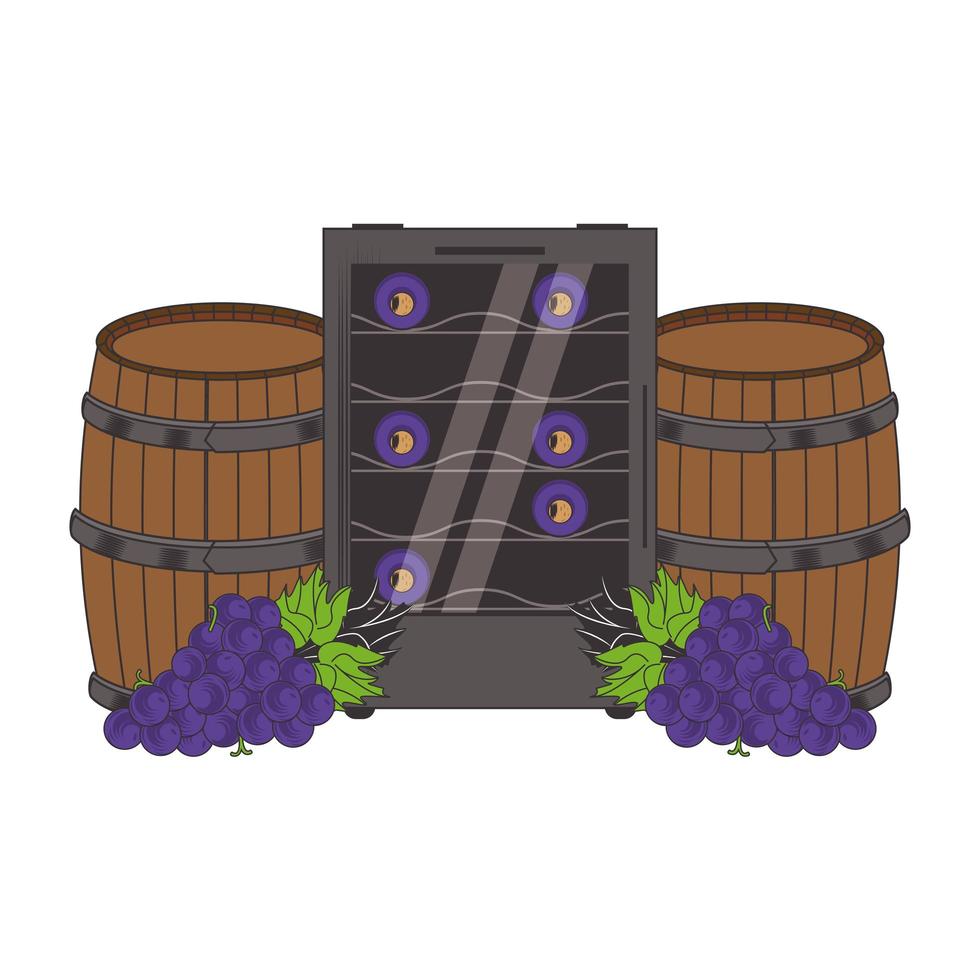 Barril de madera de vino y diseño de racimo de uvas. vector