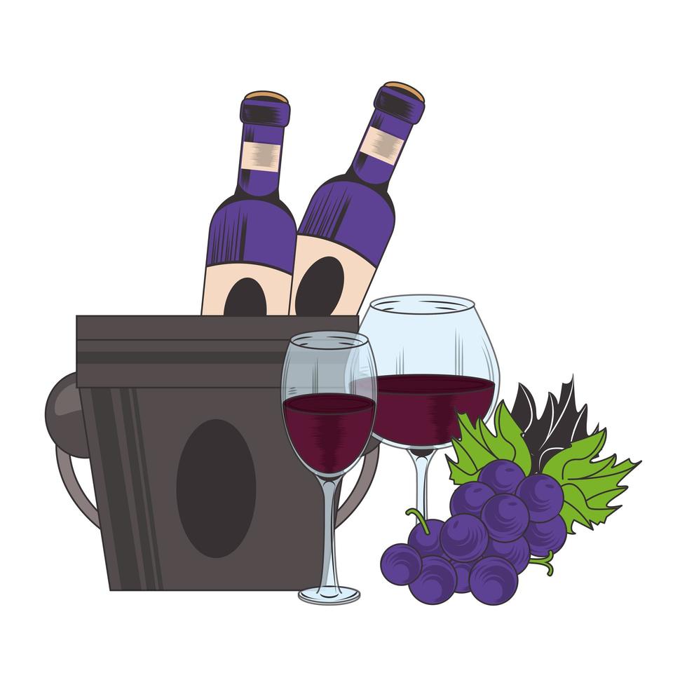 ice bucket with bottles and bunch of grapes design vector
