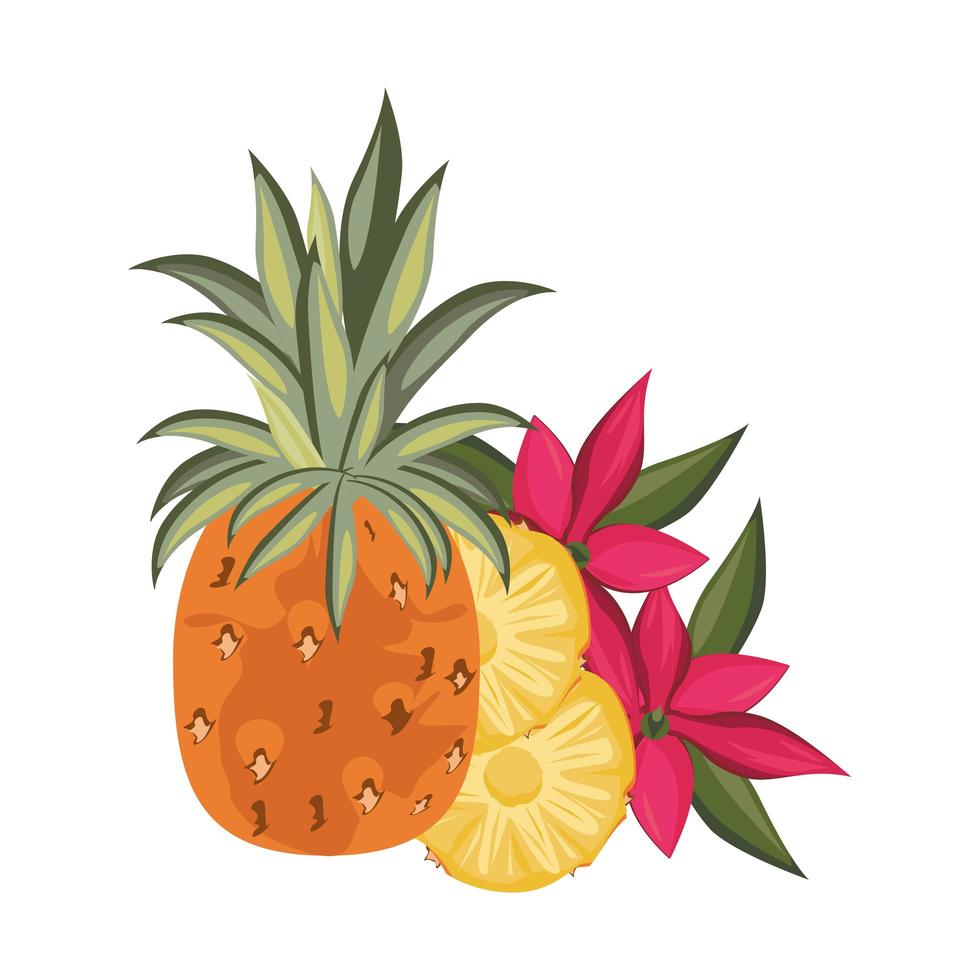 delicious fresh pineapple cartoon with tropical floral decoration vector