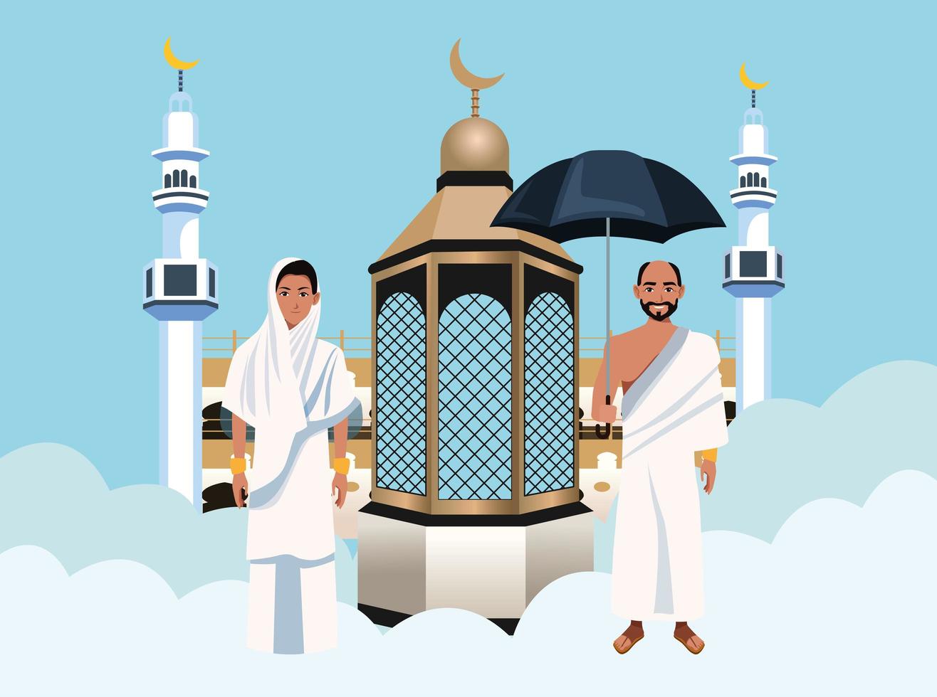 hajj mabrur celebration with people and mosque in clouds vector